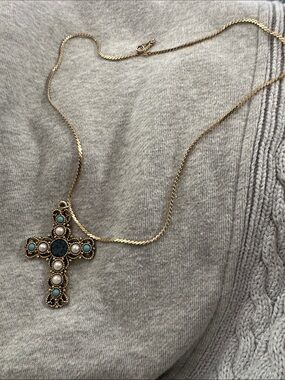 Gold Cross Pendant Necklace with Turquoise and Pearl Accents